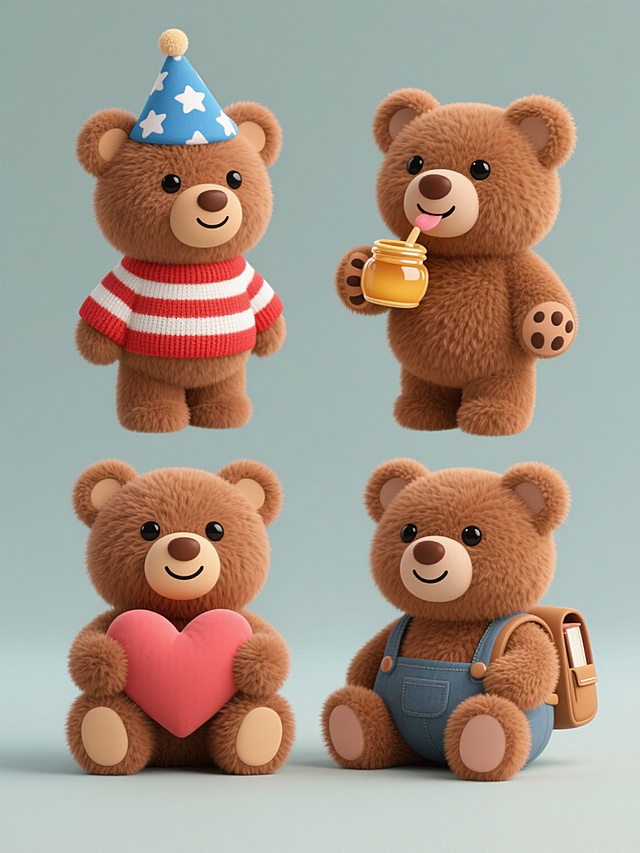 一组四个不同造型的立体风格棕色毛绒小熊系列素材集合，每个小熊均保持相同的柔软蓬松质感、圆润饱满的3D形态和细腻的绒毛纹理，规整排布于纯色背景上。第一个小熊穿着红白条纹毛衣并戴着蓝色星星图案的小帽子，第二个小熊手持蜂蜜罐并做出舔舐爪子的可爱动作，第三个小熊怀抱爱心抱枕呈坐姿，第四个小熊穿着背带裤并背着迷你书包，所有小熊均保留黑色圆眼睛、棕色鼻子和微笑表情，整体视觉统一且造型各具特色。