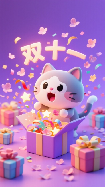 公仔猫刚刚打开一个礼物盒，礼物盒很大 ，它惊喜地睁大眼睛，嘴巴张成“O”型。从打开的礼物盒里，不仅涌出了闪烁的星星和彩带还有双十一的字 ，更有大量的花瓣喷涌而出，飘散在整个画面中。周围还散落着几个未拆预览效果