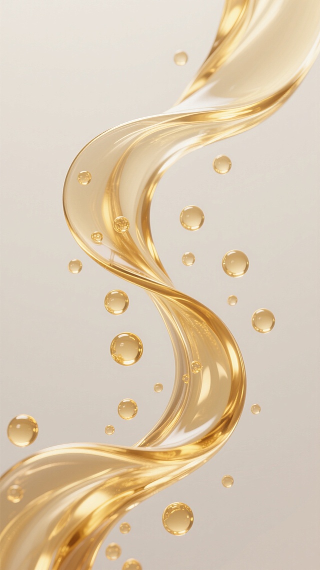 金色透明液体以流畅优美的曲线形态在纯净的浅色背景中飘逸流动，表面泛着细腻的光泽和高光，液体中散布着大小不一、圆润饱满的金色气泡，整体呈现出轻盈灵动、富有动感的3D质感，光影柔和，色彩和谐统一，保持精华主题，背景简洁干净，营造出优雅而富有活力的视觉效果。