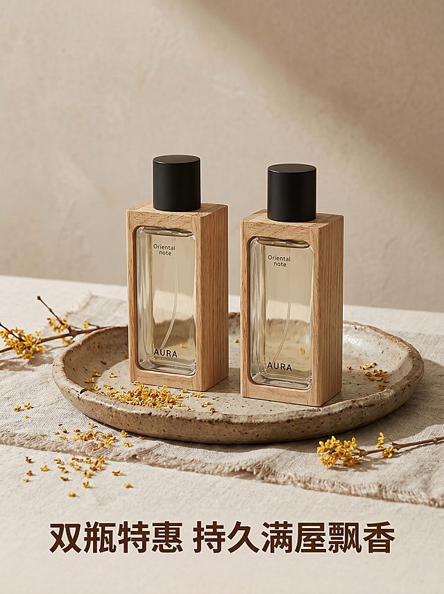 [主图 5] 桂花香氛产品促销SKU展示。[氛围风格] 高级侘寂风，自然氛围感，简约质朴。[画质] 商业摄影质感、光线柔和通透、产品清晰真实、画面干净高级。[元素] 两瓶桂花香氛整齐排列在粗陶托盘上，周围点缀干桂花和天然亚麻布，保留产品外观（物理结构、材质质感、颜色）与输入产品图绝对一致，杜绝任何变形和色差，精细化处理。整体布局简洁均衡，商品主体占比严格控制在 60%-80% 之间，画面满屏无边框。[光影] 柔和自然侧光，突出瓶身木质纹理和陶托盘质感，光影层次丰富。[配色] 大地米棕主色调，搭配桂花浅黄色点缀，整体低饱和质朴侘寂风格。[文字版式] 底部居中促销信息「双瓶特惠 持久满屋飘香」深棕色粗体，文字清晰突出不遮挡主体。[比例分辨率] 3:4 比例，2k 分辨率，文字清晰锐利，画面超高清。[负向提示词] 变形，水印，文字错乱，产品图模糊，背景杂乱。