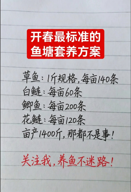 背景是带横格的白色笔记本纸张，顶部有一个红色矩形框，红色框内是白色粗体大字标题“开春最标准的鱼塘套养方案”，下方依次手写黑色文字：草鱼：1斤规格，每亩140条，白鲢：每亩60条，鲫鱼：每亩200条，花预览效果