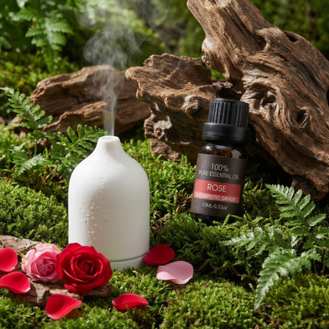 将图1中的精油瓶替换为图2的玫瑰精油瓶，并将乳香原料替换为玫瑰花，生成后的图片要保持图1的自然氛围和光影效果，图片比例要1:1，图二精油瓶标签的颜色不要变动预览效果