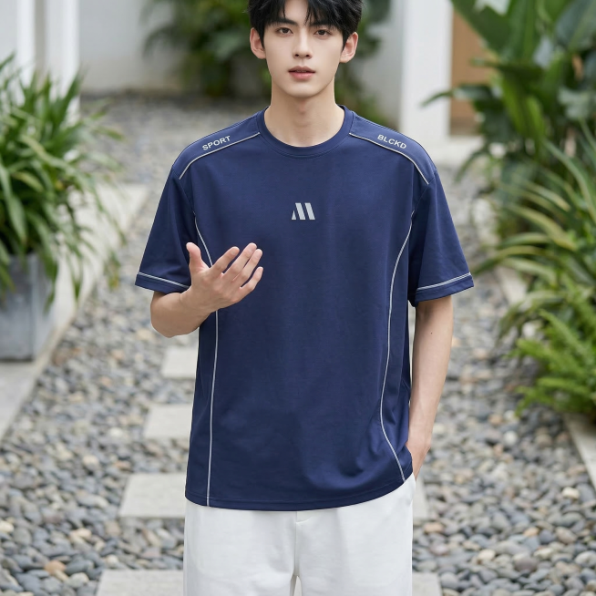 [垫图]参考原图片的衣服设计，生成第二张电商主图：冰感运动短袖T恤模特正面展示，使用图6指定的人脸，同一个亚洲年轻男生模特，穿着藏蓝色撞色线条冰感运动短袖T恤，自然抬手互动姿势，在户外鹅卵石步道背景下预览效果