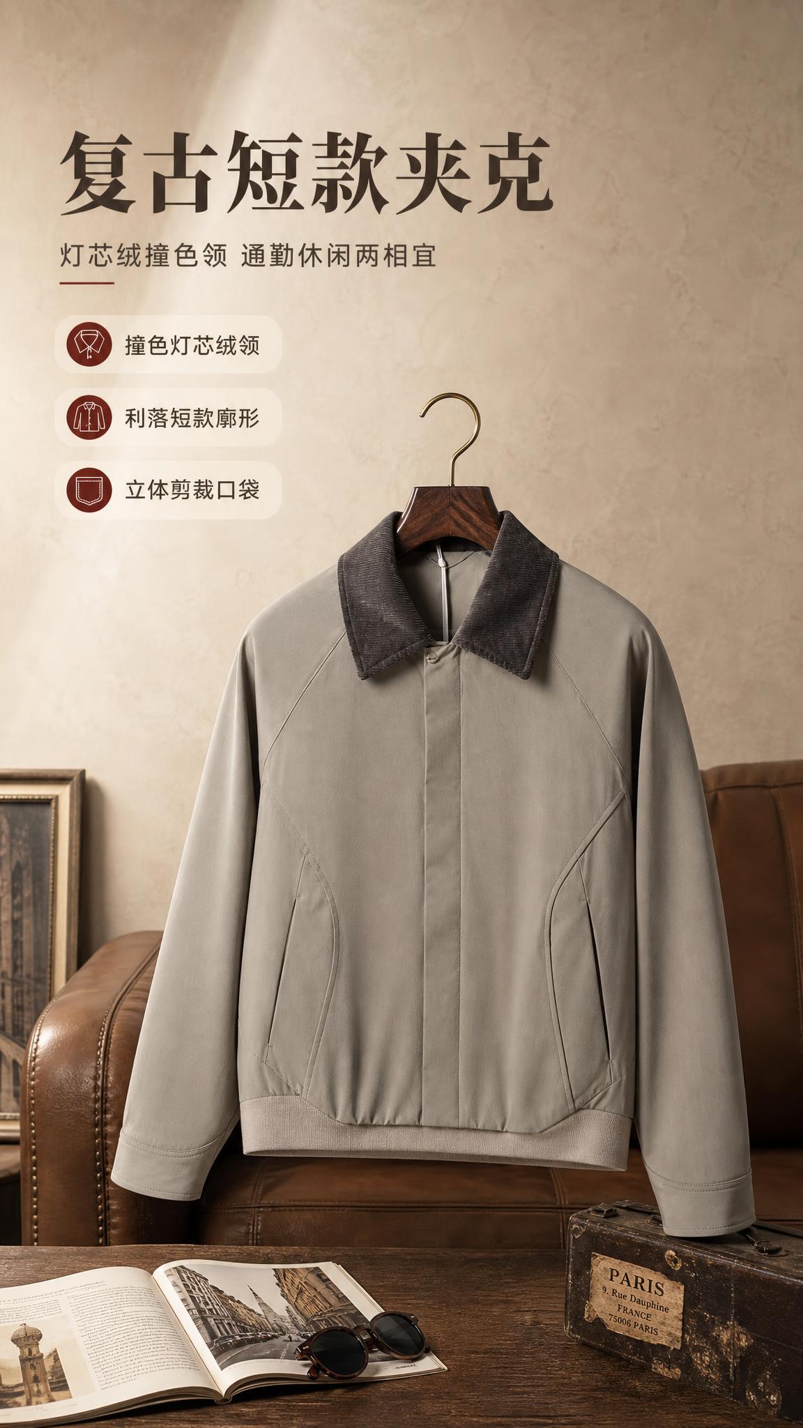 [商品] 使用【图1】卡其灰色灯芯绒领短款夹克；商品处理：保留… - 图片创意预览