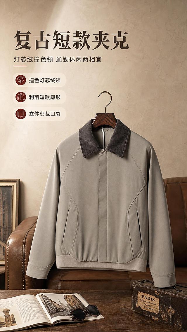 [商品] 使用【图1】卡其灰色灯芯绒领短款夹克；商品处理：保留深棕色灯芯绒翻领、插肩袖结构、前中暗门襟、两侧弧形分割口袋、罗纹下摆、袖口收边、整体卡其灰配色和短款廓形；自然去除衣身杂乱褶皱与压痕，理顺垂坠，增强面料纹理、缝线质感，不改变版型和结构。
[画面] 目标为风格头图海报，突出复古通勤调性与产品全貌；竖版9:16构图，产品居中偏下占画面55%，悬挂于复古木质衣架上，背景为暖米色肌理墙面+浅棕皮质沙发局部，前景散落一本复古杂志和一副墨镜，营造高级穿搭画报氛围；左上方留白放标题文案，阅读动线从上到下。
[视觉] 套系策略：风格=复古通勤高级商业摄影；标题字=现代衬线粗体；正文字=简洁无衬线体；主色=卡其灰棕；背景延展=基于卡其灰棕做深浅层级、同色渐变和细腻纸张/织物质感；强调色=深棕红，仅用于小面积图标、引线和标签；标题色=深炭棕；正文色=中暖灰；组件=圆角浅底信息卡、细线引线、复古标签；光影=左前侧暖柔光，柔和阴影。
[文字] 左上区域主标题"复古短款夹克"，副标题"灯芯绒撞色领 通勤休闲两相宜"，下方3个短卖点：「撞色灯芯绒领」「利落短款廓形」「立体剪裁口袋」；文字横排，不遮挡夹克主体领口和门襟。
[规格] 图片比例9:16竖版，4K，避免变形、错字、文字过小、冷蓝/蓝灰背景、衣服颜色改变、版型失真、白底孤立。
