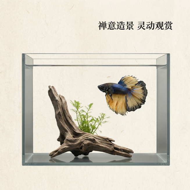 [主图 4] 真实造景场景重绘
[氛围风格] 中国风禅意造景，自然真实，氛围感
[画面元素] 商业摄影质感、光线柔和通透、产品清晰真实、画面干净高级。泰国斗鱼芥子在简易中式造景鱼缸中游动，鱼缸内配极简预览效果