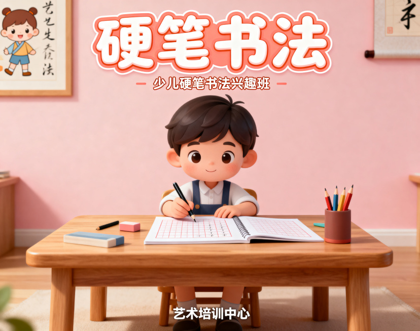儿童艺术培训系列宣传海报，硬笔书法主题，画面包含可爱儿童和硬笔书写元素，顶部有醒目标题文字“硬笔书法”，整体风格统一温馨，适合少儿兴趣班宣传，和软笔主题图为同一系列预览效果