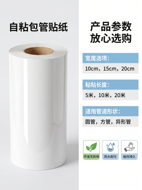 [主图-5] 包管贴纸规格参数与信任背书图。[氛围风格] 简洁专业，信息清晰。[画质] 商业摄影质感，光线柔和通透，产品清晰真实，画面干净高级。[元素] 左侧展示整卷白色包管贴纸，右侧分块标注产品核心预览效果