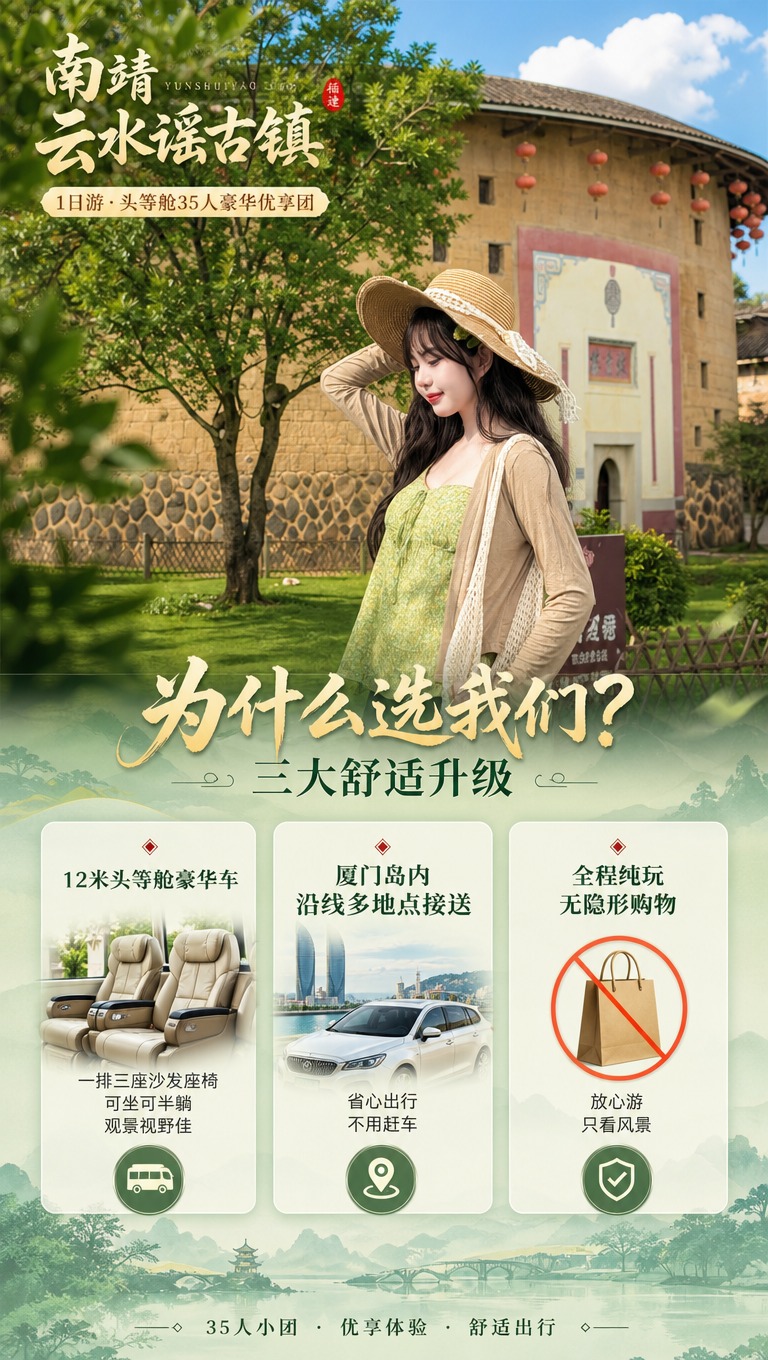 [商品] 旅游服务类商品：南靖云水谣古镇1日游·头等舱35人豪… - 图片创意预览