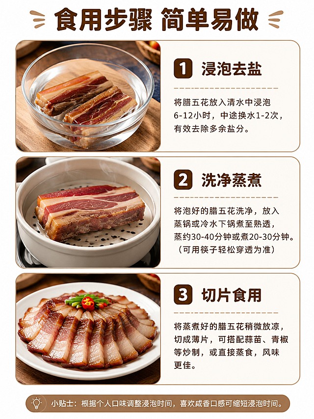 [第6屏] 食用步骤屏，腊五花处理步骤说明。
[氛围/风格] 简洁清晰教程风，干净明快风格，图文结合。
[元素布局] 从上到下分三个步骤区域：1. 浸泡去盐 2. 洗净蒸煮 3. 切片食用，每个步骤配对应的操作示意图，左侧示意图右侧文字说明，排列整齐。
[光影质感] 均匀柔和自然光，每个步骤画面清晰明亮，示意图真实自然。
[配色色系] 全局底色 #FFFFFF，主色深棕文字，辅助色浅棕步骤框，干净清爽。
[视角构图] 从上到下纵向步骤排版，阅读流程符合操作顺序，动线清晰。
[文字版式] 顶部主标题「食用步骤 简单易做」，每个步骤标注编号和步骤名称，补充简短操作说明，字体大小适中，移动端清晰可读，保持统一圆角字体风格。
[比例分辨率] 3:4竖版比例，4K分辨率，文字清晰可辨，高清画质。
[负向提示词] 步骤混乱，示意图模糊，文字太小，水印，错字