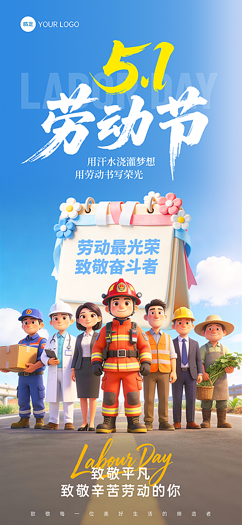 劳动节蓝色卡通3D五一节日祝福全屏竖版海报