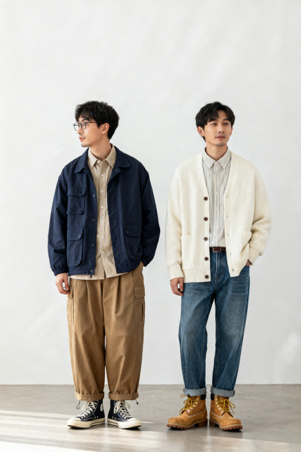 日式男生穿搭，简约日常风格，包含cityboy风、休闲通勤风等不同场景的穿搭，上身多为宽松衬衫、工装夹克、针织开衫，下装搭配阔腿裤、工装裤、牛仔裤，脚穿帆布鞋、工装靴，整体色调偏大地色、藏青色、米白色预览效果