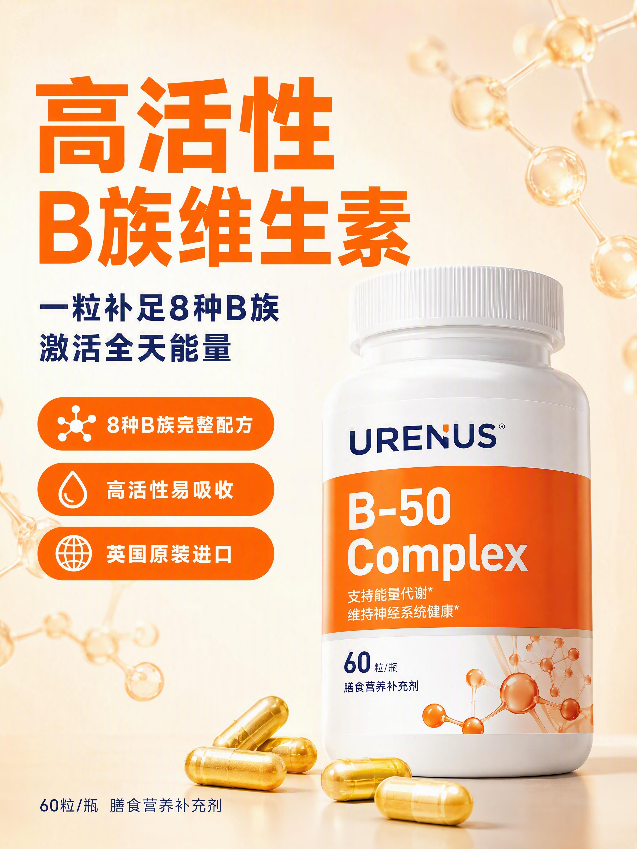 电商详情页主图海报，URENUS B-50复合维生素B族胶囊产… - 图片创意预览