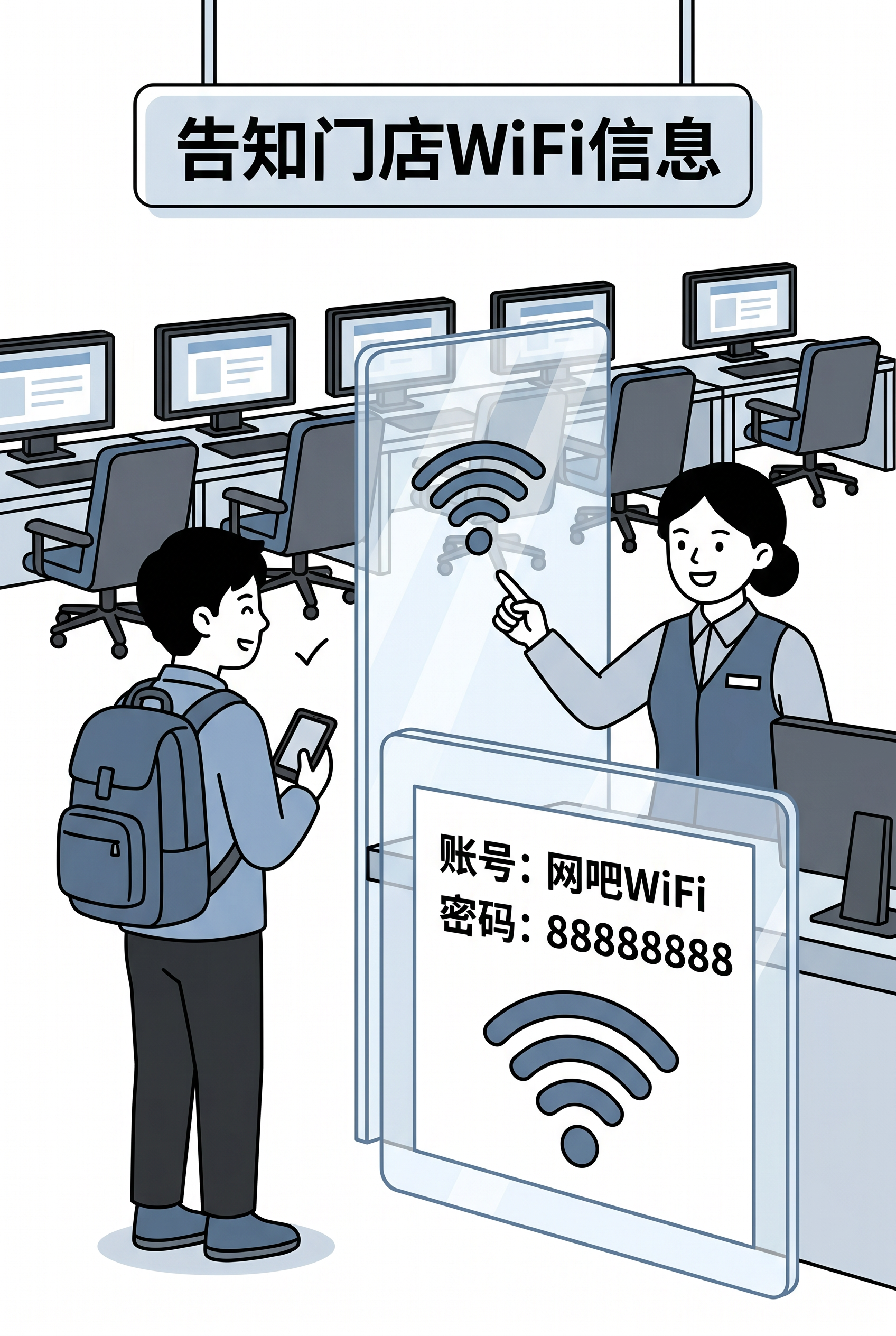 简笔画，矢量图形，扁平风，主题是"告知门店WiFi信息"，网吧… - 图片创意预览