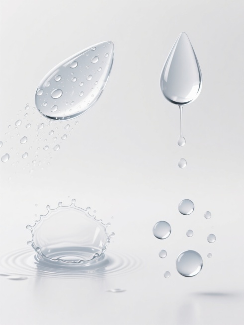 一组四个完全不同造型的雨水元素系列素材集合，保持简约写实风格，纯白色纯色背景，每个元素均具有半透明玻璃质感，表面带有高光反光点，边缘清晰，包含细小的水滴飞溅效果，元素规整排布，第一个为密集细小的斜向坠落雨滴，第二个为较大颗的垂直下落雨滴带有拉长的尾迹，第三个为水滴撞击平面后溅起的环形水花，第四个为悬浮状态的大小不一的圆润水珠组合，整体保持统一的光影效果和质感表现，适合作为设计素材使用。预览效果