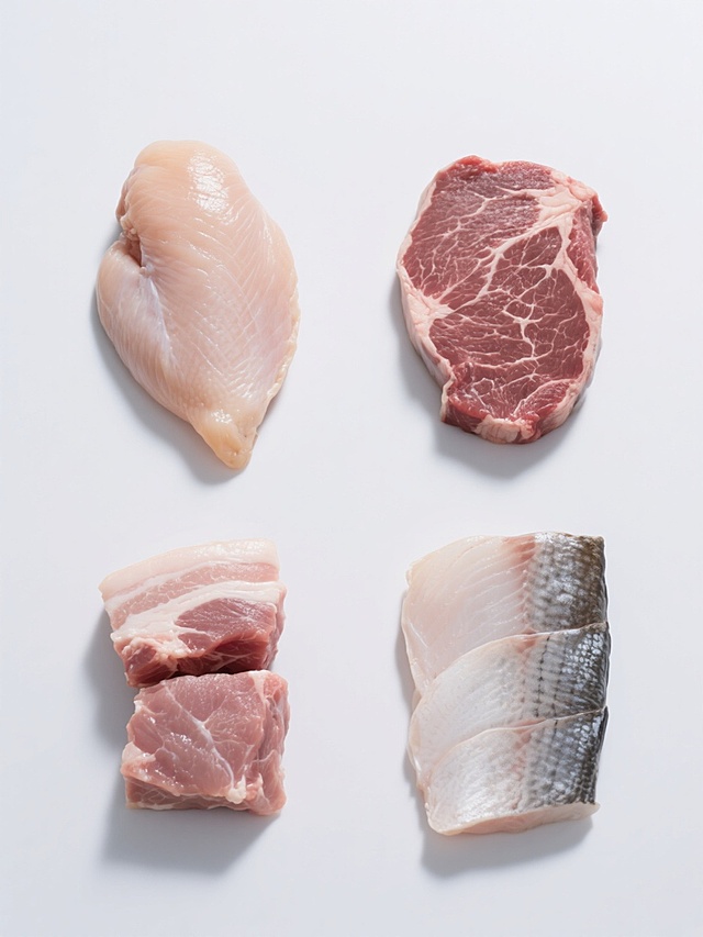 白色纯色背景上，以写实摄影风格呈现的4个不同生肉类食材，包括生鸡胸肉、生牛肉片、生猪肉块和生鱼片，每个食材保持独立规整排布，具有清晰的肉质纹理、自然的反光和阴影细节，整体画面色彩统一变换为冷色调，突出食材的新鲜质感，构图对称平衡，视觉层级分明，信息传达简洁直接。