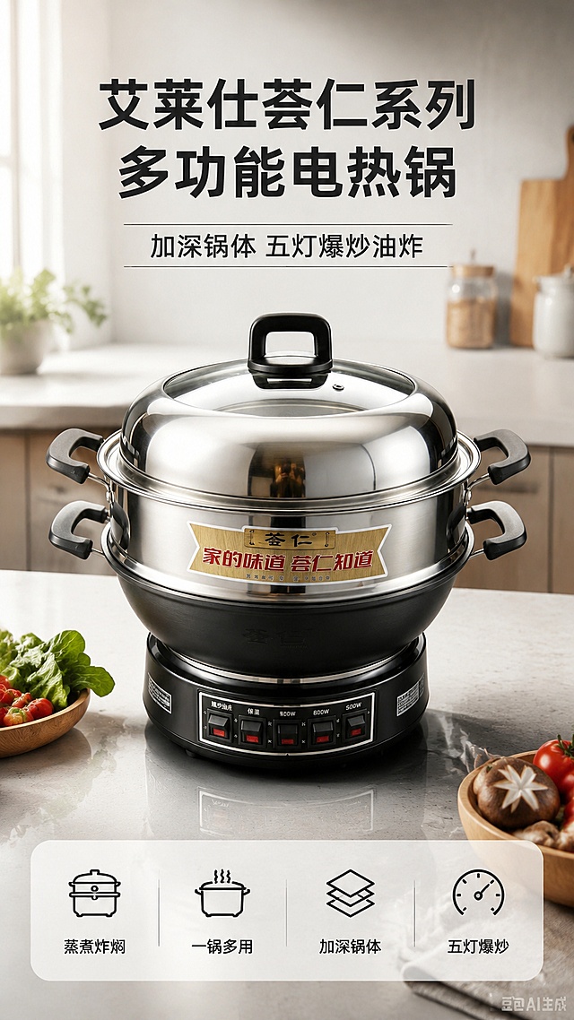 [第1屏] 艾莱仕荟仁系列多功能电火锅详情页头图。本屏使用【图1】作为商品主体。
[氛围/风格] 现代简约厨房风，温馨明亮，高端商业摄影质感，干净通透。
[元素布局] 电火锅产品放置在画面中心偏上位置，占比约65%；产品结构、开关、加深锅体、苹果盖样式保持与原图一致；底部预留信息条区域，搭配浅灰色磨砂厨房台面背景。
[光影质感] 主光源来自左前方，右侧加柔和补光，产品底部自然投影，突出不锈钢材质高光质感，整体明暗层次清晰。
[配色色系] 全局底色 #F5F5F5，主色黑色+不锈钢原色，辅助色浅灰色台面，红色点缀开关按键。
[视角构图] 正面45度微仰视，产品为绝对视觉中心，阅读动线从上到下。
[文字版式] 顶部主标题 「艾莱仕荟仁系列 多功能电热锅」，副标题 「加深锅体 五灯爆炒油炸」，加粗黑体居中排列，底部信息条标注 「蒸煮炸焖 一锅多用」，文字不遮挡产品主体。
[比例分辨率] 9:16 竖版比例，4K分辨率，文字清晰可辨，高清画质。
[负向提示词] 产品变形，开关结构错误，颜色偏差，文字错乱，文字过小，水印，背景杂乱