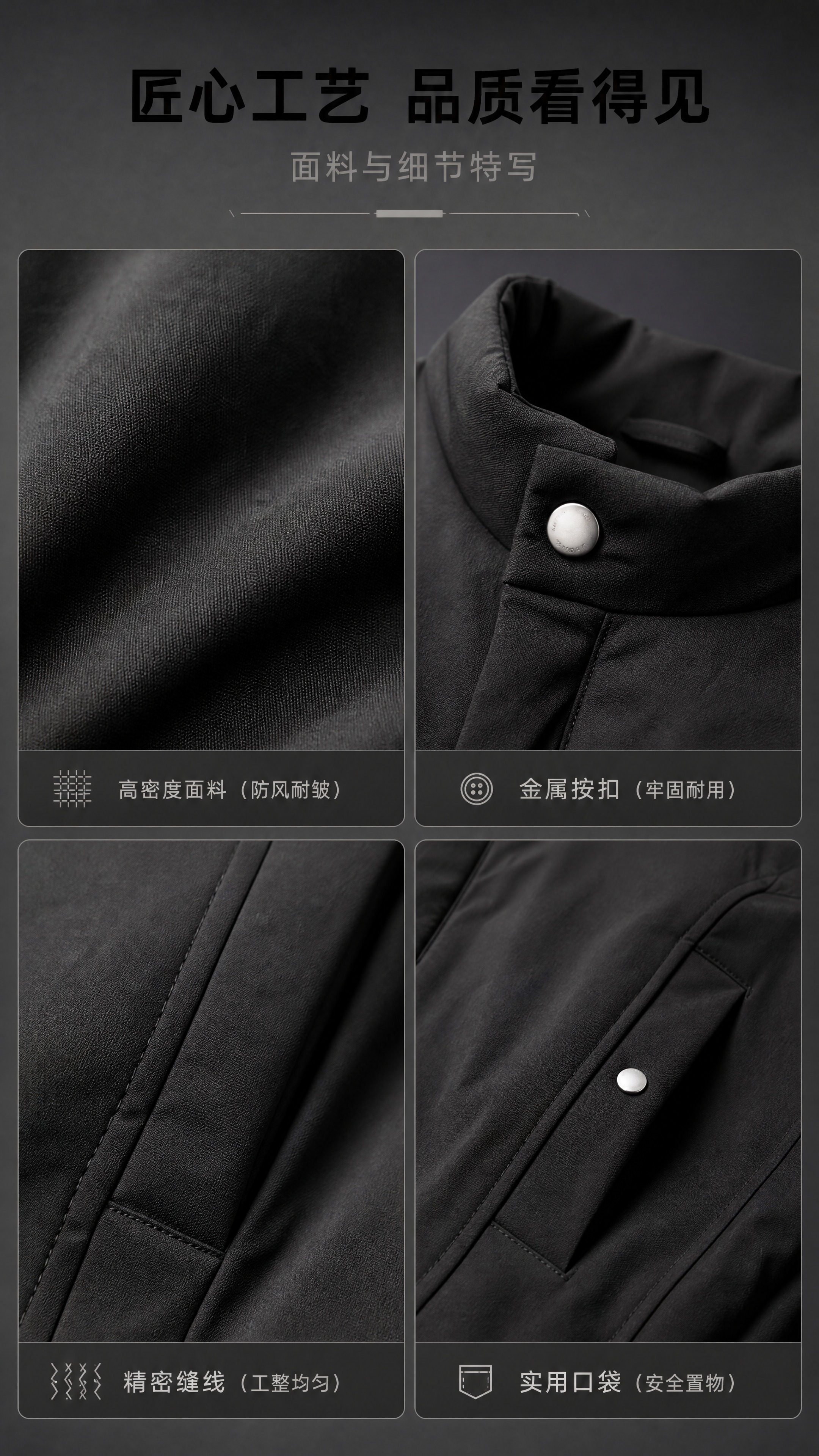 [商品] 使用【图1】黑色男士立领短款棉服夹克；商品处理：保留… - 图片创意预览