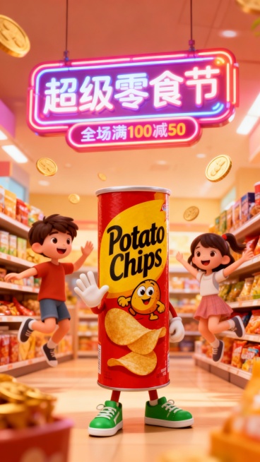 一个拟人化的图中零食包装站在中央，穿着绿色运动鞋，用手打招呼，周围有两位快乐跳跃的小孩（一男一女），背景是零食铺，空中漂浮着钙片金币，主标题为霓虹灯牌“超级零食节，主标题下方有“全场满100减50”标预览效果