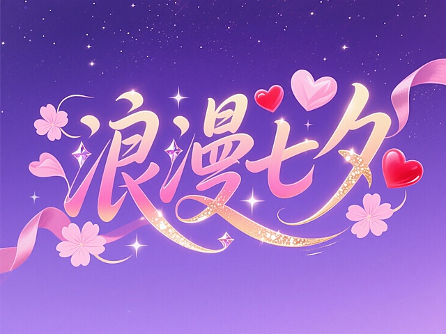 浪漫七夕，插画风设计，大字突出，心形与樱花点缀，紫色背景营造梦幻氛围。
