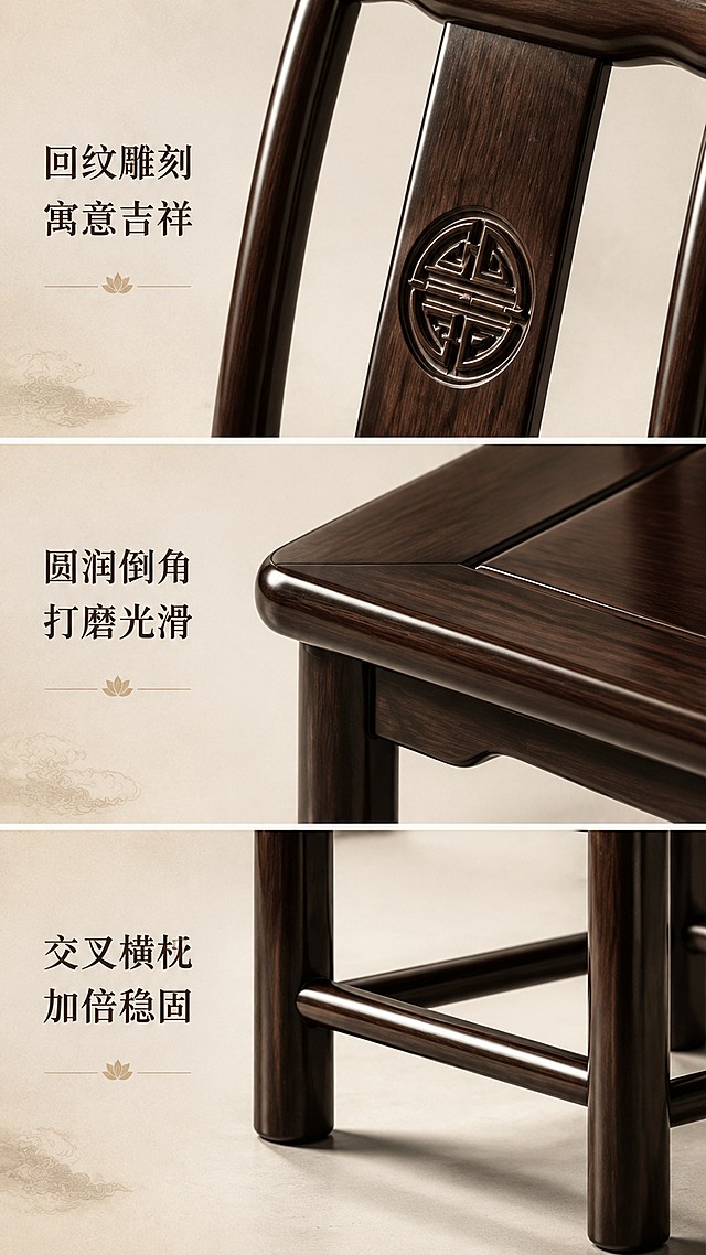 [第6屏] 官帽椅细节设计功能展示。本屏分别使用【图1】【图3】【图4】提取细节进行分屏展示。
[氛围/风格] 精致细节展示，清晰特写，质感高级。
[元素布局] 页面分为三格：上格展示靠背回纹雕刻特写，中格展示椅角打磨细节，下格展示枨足连接；每个细节配简短文字说明，保留每个细节与原图一致的形状和颜色。
[光影质感] 每个特写都使用局部重点打光，突出细节肌理和工艺。
[配色色系] 全局统一浅米色底，深木色细节，深色文字，干净整洁。
[视角构图] 三格垂直排列，每格细节特写，从上到下阅读。
[文字版式] 每格配4-6字说明：「回纹雕刻 寓意吉祥」「圆润倒角 打磨光滑」「交叉横枨 加倍稳固」，文字左对齐，清晰易读。
[比例分辨率] 9:16 竖版比例，4K分辨率，文字清晰可辨，高清画质。
[负向提示词] 细节变形，模糊不清，文字错乱，排版拥挤