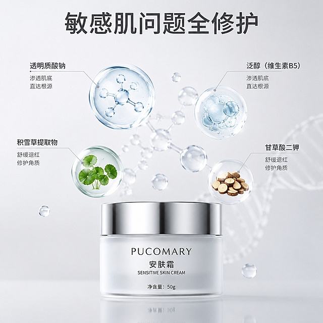 [主图-2] 核心功效成分解析主图；
[氛围风格] 科研硬核感，简洁高级；
[画质] 商业摄影质感，光线干净通透，细节清晰；
[元素] 安肤霜产品放置在画面底部，画面上半部分错落悬浮水分子结构和舒缓草本成分示意图，用极细灰线连接每个成分标注对应功效。保持产品外观与输入产品图绝对一致，杜绝任何变形和色差。
[光影] 均匀实验室柔光，成分光影通透，产品轮廓清晰，整体亮调干净；
[配色] 浅灰背景，主色银灰，成分点缀浅蓝淡绿色；
[视角构图] 竖向三分构图，产品在下成分在上，主次分明；
[文字版式] 每个成分旁标注极小清晰说明文字：渗透肌底 直达根源 舒缓退红 修护角质，文字不遮挡主体，左对齐排版；顶部大标题写敏感肌问题全修护，深灰色粗体居中。
[输出要求] 1:1比例，文字清晰可辨，超高清商业摄影质感；
[负向提示词] 变形，文字错乱，产品变形，背景杂乱，水印，电商平台Logo，夸张功效描述。
