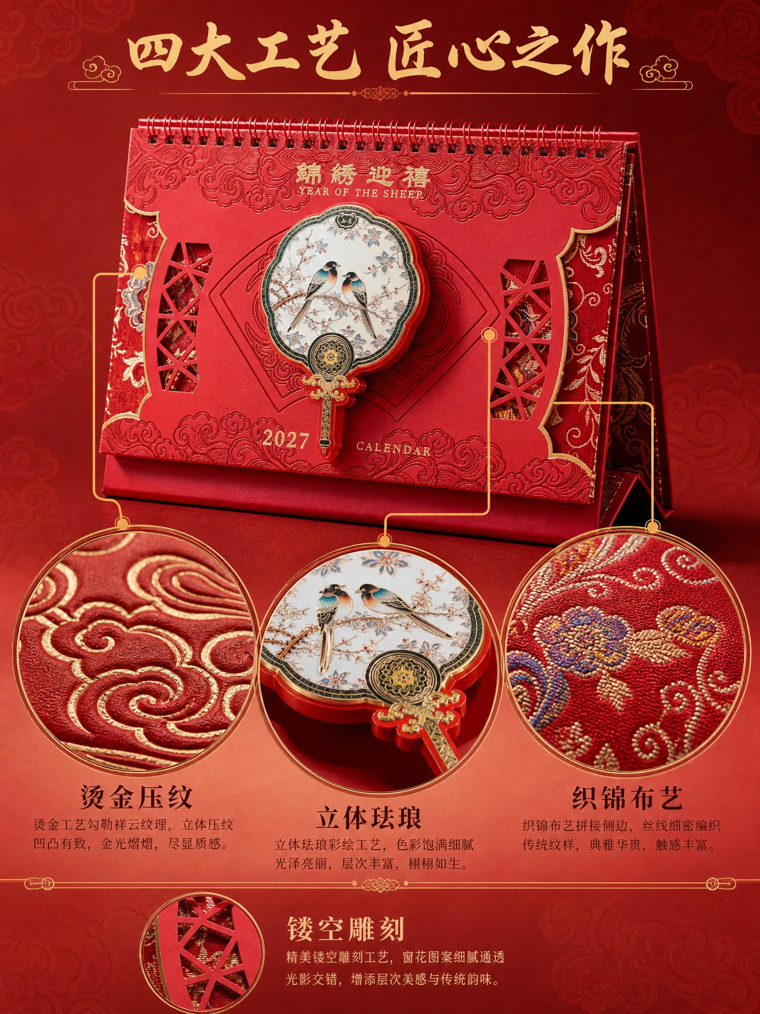 [商品] 使用【图1图2】两款2027羊年国风台历做细节特写；… - 图片创意预览
