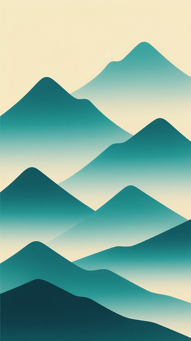 极简主义风格的山峦插画，采用几何化的山峰造型，以由深至浅的青绿色系渐变填充，层叠交错的山体轮廓呈现出清晰的层次感，背景为柔和的淡黄色调，整体画面干净利落，营造出宁静、现代且富有禅意的氛围，线条平滑无笔触，色彩过渡自然柔和，构图采用垂直式排列，展现出山峦连绵起伏的韵律感。