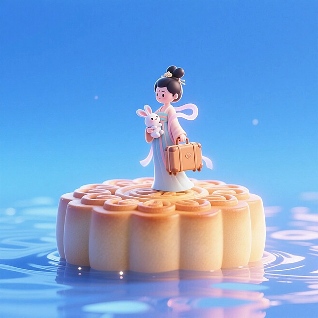 一块巨大的月饼上的正中间是微缩的仙气飘飘的嫦娥（一手抱着玉兔，一手托着行李箱）。月饼放置在波光粼粼的湖面上的特写，干净且柔和的纯色蓝色渐变背景，辉光效果，色调明快