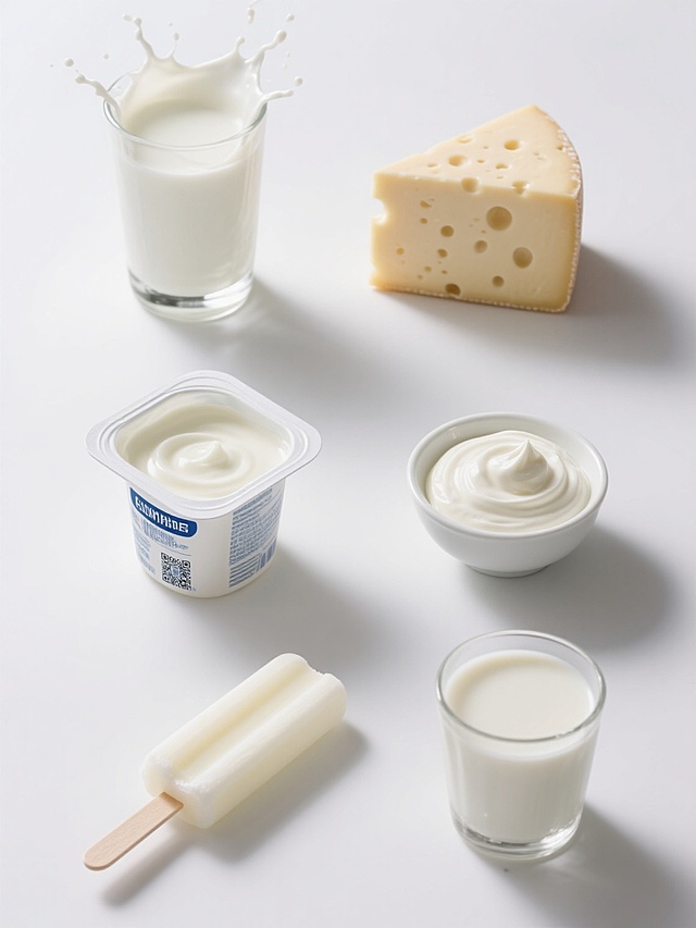 六个不同奶制品的系列素材集合，保持高度统一的超写实摄影风格，纯白纯色背景，每个元素都具有高度清晰的细节和真实的质感。第一张是装满牛奶的玻璃杯，顶部有飞溅的奶花；第二张是一块切开的奶酪，表面有细密的小孔和自然的纹理；第三张是一盒打开的酸奶，里面是浓稠的酸奶质地；第四张是一小碗奶油，表面光滑细腻；第五张是一根牛奶冰棍，晶莹剔透；第六张是一杯热牛奶，表面有一层薄薄的奶皮。所有元素规整排布，光线从上方照射，形成自然的高光和阴影，整体色调统一为白色和奶白色，没有任何文字、LOGO、电话地址及二维码。