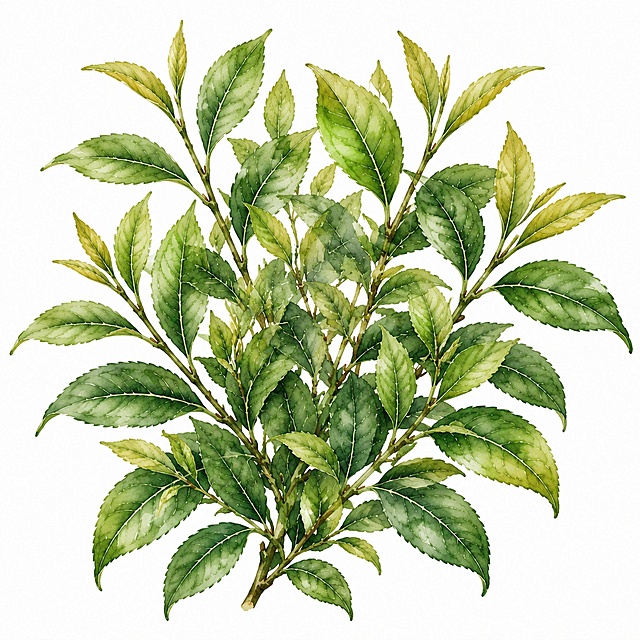参考原图水彩手绘风格，继续增加岩茶茶叶枝条和叶片的数量，让整体更加茂密丰盈，保留深绿暖调水彩质感，白底，适合包装设计使用