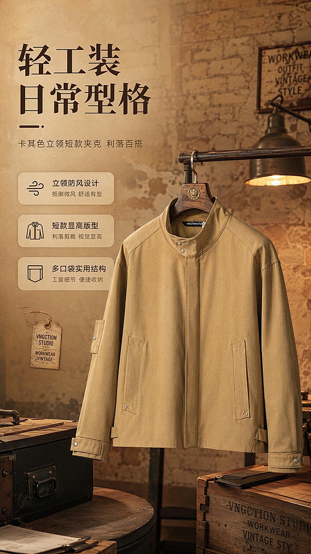 [商品] 使用【图1】卡其色立领短款工装夹克；商品处理：保留立领、按扣门襟、插肩袖、胸前口袋、侧缝口袋、左臂小口袋、袖口调节袢、下摆调节袢、卡其色颜色和挺括面料结构；自然去除衣架悬挂产生的轻微褶皱与垂坠变形，理顺衣身线条，增强面料纹理、缝线、按扣和五金质感，不改变版型和结构。
[画面] 目标为风格头图海报，突出立领短款工装夹克整体造型与复古工装调性；左文右图构图，左侧留白放标题文案，右侧夹克为视觉主体，产品占画面约55%；夹克呈微侧45度自然悬挂或半上身展示，背景为暖调复古工业风场景，有做旧木质衣架、砖墙纹理、暖光台灯等元素，前中后景层次分明，营造杂志画报感穿搭氛围。
[视觉] 套系策略：风格=轻工装复古高级商业摄影；标题字=现代粗衬线体带复古气质；正文字=简洁无衬线体；主色=卡其棕；背景延展=基于卡其棕做深浅层级、同色渐变和细腻纸张/织物质感；强调色=深焦糖棕，仅用于小面积图标、引线和标签；标题色=深炭棕；正文色=中暖棕灰；组件=圆角浅棕信息卡、细线引线、复古标签；光影=左前侧暖柔光，右侧柔和补光。
[文字] 左上区域主标题"轻工装 日常型格"，副标题"卡其色立领短款夹克 利落百搭"，下方3个短卖点：立领防风设计、短款显高版型、多口袋实用结构；文字横向排版，不遮挡夹克主体立领和门襟。
[规格] 图片比例9:16竖版，2K分辨率，避免变形、错字、文字过小、冷蓝背景、衣服颜色改变、版型失真、白底孤立。