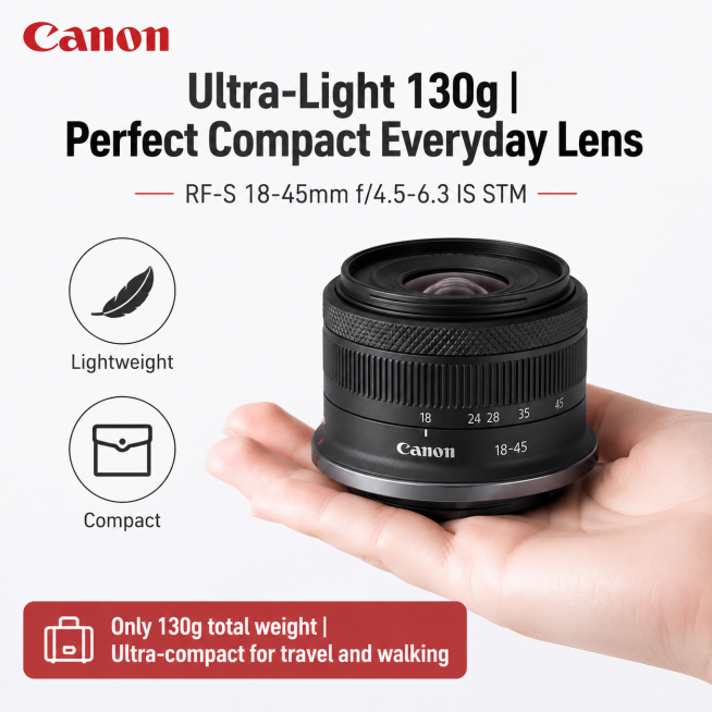根据佳能RF-S 18-45mmF4.5-6.3 IS STM样张产品图生成5张带场景突出产品卖点的速卖通主图，设计一套完整的产品主图，需要每张主图都突出产品的卖点，输出的图片每一屏都必须是1：1 尺预览效果