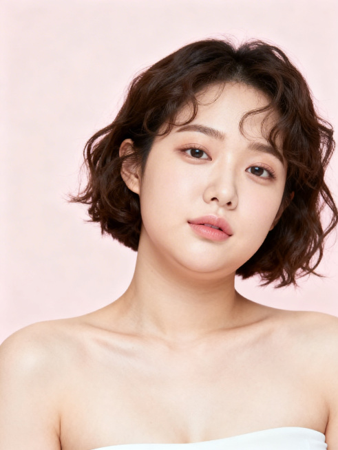 正面角度的韩系漂亮女生，有双下巴，身形偏瘦，半身图，浅粉色背景预览效果