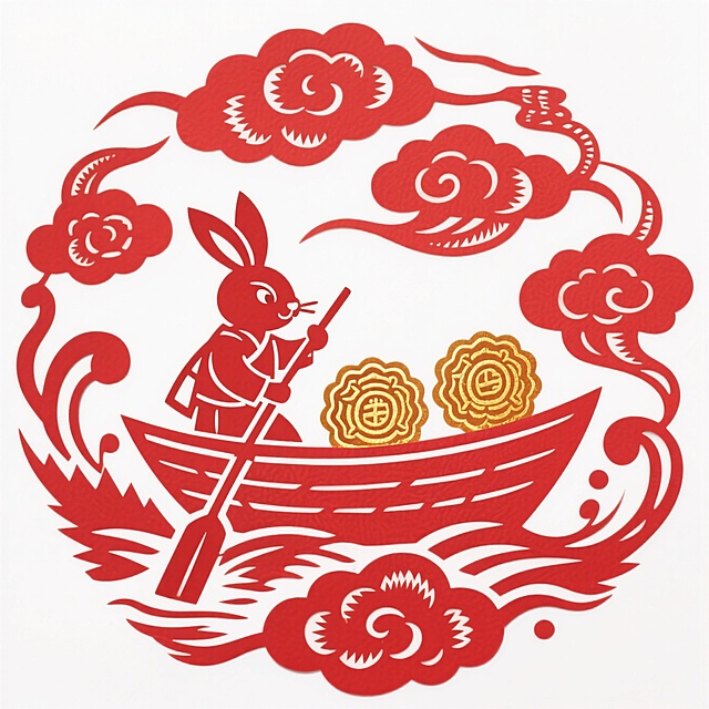 剪纸风中式设计，拟人兔子划船载福，喜庆祥云环绕，春节氛围浓厚。