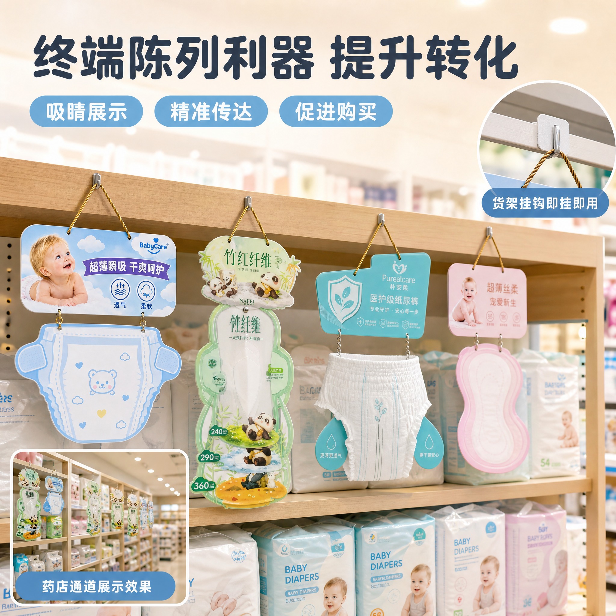 [主图-4] 终端陈列场景展示，突出挂板在实体店、药店、母婴店… - 图片创意预览