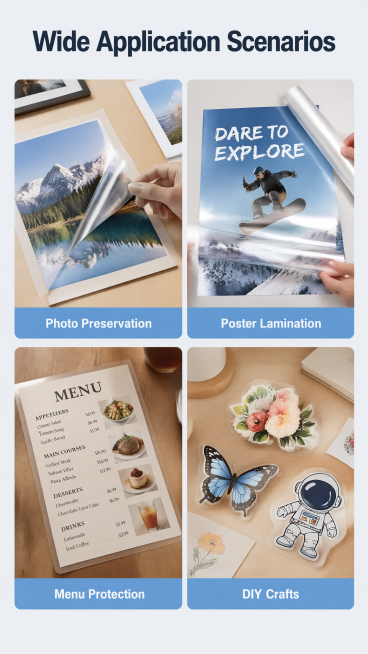 [第3屏] Multi-Scenario Adaptation display page for PET Cold Laminating Crystal Film.  
[Atmosphere/Sty预览效果