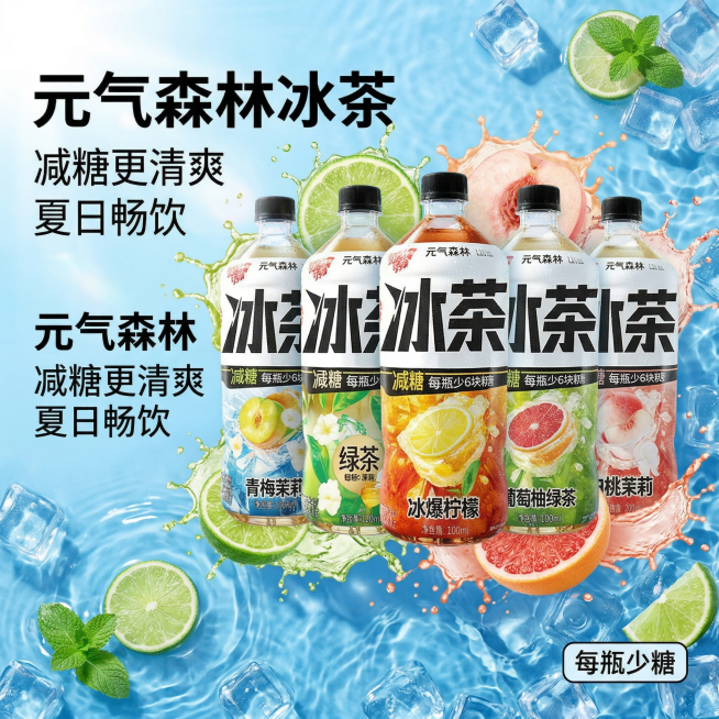 基于用户提供的元气森林冰茶产品图生成拼多多平台饮料主图首图，产品外观必须和原图保持100%一致，核心卖点减糖夏日清爽，夏季清凉氛围风格。画面为整组五瓶饮料居中展示，背景是蓝色清澈冰水混合冰块，有果汁飞预览效果