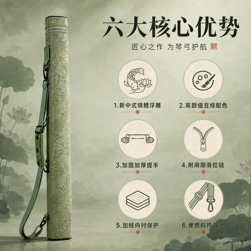 [商品] 使用【图1】豆绿色锦鲤荷花浮雕琴弓盒；商品处理：保留… - 图片创意预览