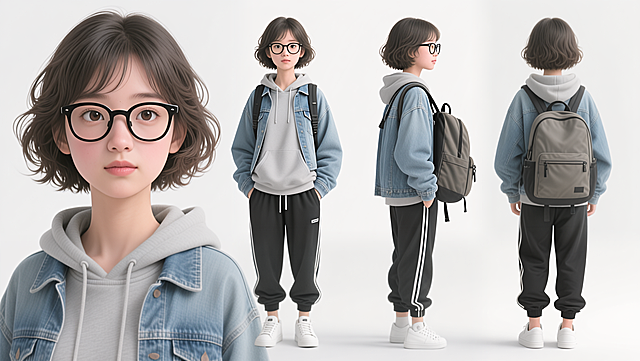 超级写实风格，大师级布光，纯白背景。一张角色展示图，图中包含同一个角色的四个部分：脸部特写、全身正面、全身侧面、全身背面。没有任何文字。角色信息：亚洲面孔，20岁，身高163cm，体重47kg，大学生模样，齐肩微卷短发，戴黑框眼镜，长相清秀可爱，眼神机灵，身形偏瘦。服装：浅灰色连帽卫衣，宽松牛仔外套，黑色束脚运动裤，白色板鞋，背着一个大容量双肩包。