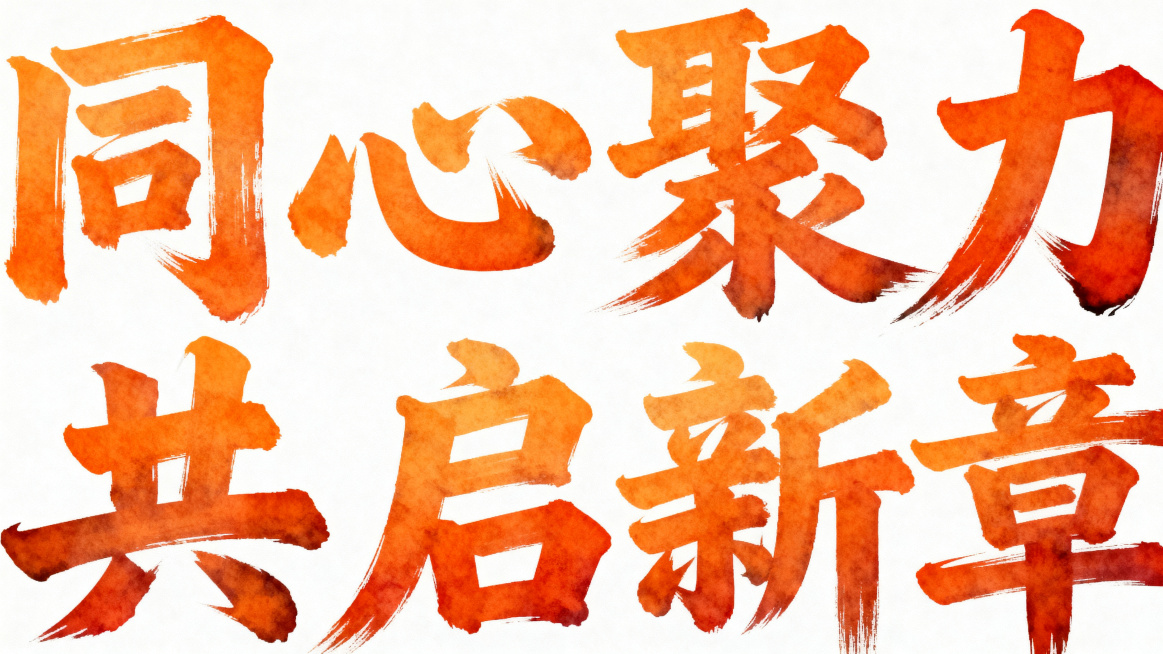 毛笔艺术字体设计，“同心聚力 共启新章”为橙色渐变毛笔字体，笔触苍劲洒脱，墨韵自然，纯白色底色背景预览效果