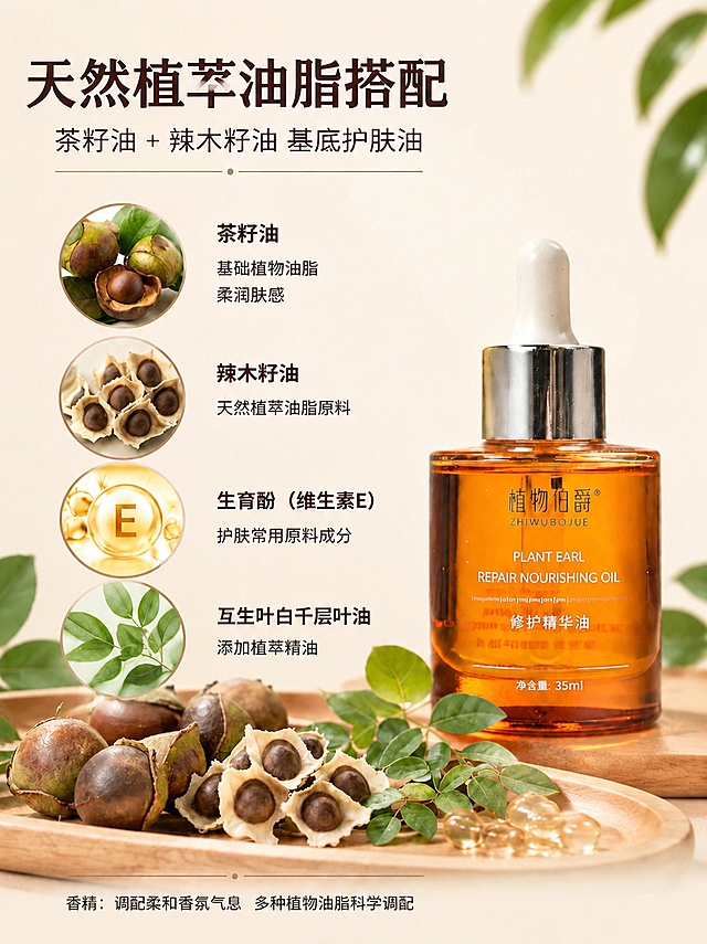 [成分卖点图-合规版] 植物伯爵修护精华油天然植萃油脂搭配全成分解析，严格合规无违禁词。本屏使用【图8】作为参考风格与产品主体，保持产品外观、包装、构图、背景完全一致，仅修改文字内容。
[氛围/风格] 天然植萃成分感，清新自然风，商业摄影质感，与参考图风格完全统一。
[元素布局] 精华油瓶置于画面右侧中部，占比约35%；左侧四个圆形成分图标纵向排列；底部木盘摆放茶籽、辣木籽、绿叶等原料；背景浅米色渐变；瓶身结构、颜色、包装文字与参考图完全一致。
[光影质感] 左侧柔和自然光，右侧辅光，原料纹理清晰，瓶身玻璃通透有高光。
[配色色系] 全局底色 #F7F3EB（浅米杏色）；主色植物绿、琥珀棕；辅助色原木色、米白色。
[视角构图] 平视微俯角度，左右分栏+上下分层构图。
[文字版式-严格合规] 顶部大标题「天然植萃油脂搭配」加粗；副标题「茶籽油 + 辣木籽油 基底护肤油」；四个成分图标纵向排列：1.茶籽图案旁注「茶籽油 基础植物油脂 柔润肤感」；2.辣木籽图案旁注「辣木籽油 天然植萃油脂原料」；3.维生素E图标旁注「生育酚（维生素E） 护肤常用原料成分」；4.叶片图标旁注「互生叶白千层叶油 添加植萃精油」；底部小字「香精：调配柔和香氛气息 多种植物油脂科学调配」；严禁出现滋养、舒缓、氧化、抗氧化、抗皱、紧致、淡纹、提亮、美白、祛痘、消炎、维稳、嫩肤、抗老、屏障、强韧等违禁词。
[比例分辨率] 3:4 竖版比例，宽度800 高度1067，4K分辨率，文字清晰可辨，高清画质。
[负向提示词] 产品变形，颜色偏差，包装文字错乱，水印，文字过小，出现违禁词，背景杂乱。