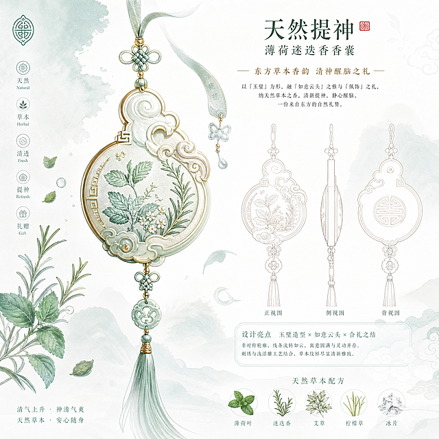 根据草图设计提神醒脑型香囊平面设计，囊体结合中国礼文化元素，体现薄荷、迷迭香草本中药要素，清新国风设计，天然提神主题，独特有设计感的囊体形状，和上一款香囊形状不同