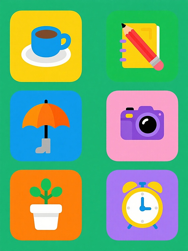 一系列6个不同元素的扁平化卡通风格图标，每个图标均为单一纯色背景，整体色彩变换丰富且协调，保持相同的简约线条、圆润边角和明亮色块风格，元素类目为日常用品，包括：1. 黄色背景上的蓝色咖啡杯与白色碟子，2. 绿色背景上的红色铅笔与黄色笔记本，3. 蓝色背景上的橙色雨伞与灰色雨靴，4. 粉色背景上的紫色相机与黑色镜头盖，5. 橙色背景上的绿色植物与白色花盆，6. 紫色背景上的黄色闹钟与蓝色书本，所有图标规整排布成2行3列，每个图标内部元素比例协调，轮廓清晰，无文字和复杂细节。