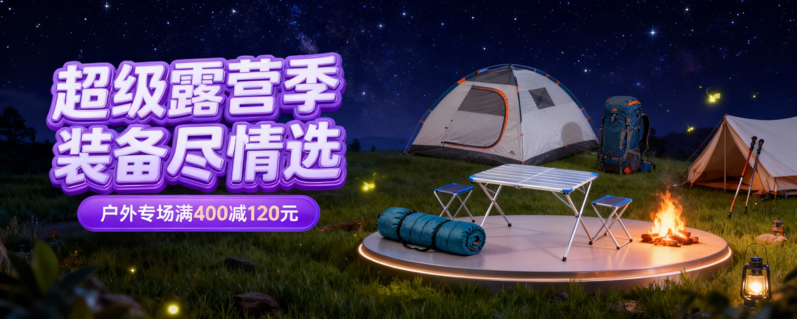 画面以星空露营地为背景，左侧有紫色 3D 膨胀卡通大字 “超级露营季 装备尽情选”，下方标注 “户外专场满 400 减 120 元” 优惠信息。右侧商品被放置在圆形展台上，周围点缀着帐篷、篝火、登山杖预览效果