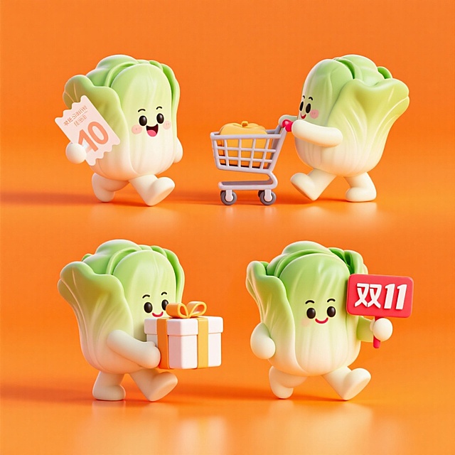 4个同角色不同动作的拟人化的白菜：1、拿着优惠券，2、推着购物车里，3、拿着礼盒，4、拿着双11。橙色背景，上下两行，排列整齐