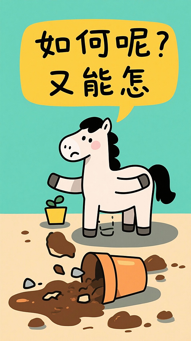 现代平面设计风格幽默海报，一只动画马面对打翻的花盆和洒落的泥土，做出耸肩摊蹄的无奈又好笑的表情。手写风格的艺术字“如何呢 又能怎”以对话框或随意漂浮的弹幕形式出现在它头顶或周围。画面干净，色彩明快（亮黄、浅绿），字体轻松活泼，与混乱场景形成幽默对比，突出豁达态度。 --no childish, flat illustration, pure text