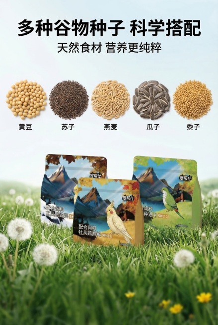 2:3竖版尺寸，主标题「多种谷物种子 科学搭配」，副标题「天然食材 营养更纯粹」，画面上半部分为高清平铺的各类谷物种子（黄豆、苏子、燕麦、瓜子、黍子等），都是产品实际使用原料，下半部分展示三款宠帮仕鹦预览效果
