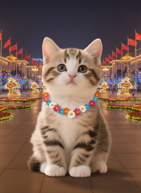 主角是图片中的这只猫，晚上，在成都天府广场前，脖子带着花环，坐在地上，背景有国庆氛围但不要有字。生成的图片中的猫尽可能和原图中的猫保持一致，但大小要调整适合比例，这只猫咪可以表现的开心些。预览效果