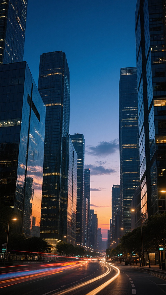 城市夜景，黄昏向夜晚过渡的深蓝色渐变天空，远处点缀着淡淡的云彩，高楼大厦林立，玻璃幕墙反射着落日余晖与城市灯光，建筑群呈现出金属与玻璃的现代质感，街道上有流动的车灯轨迹，光影对比鲜明，突出建筑的立体感和城市的纵深感，整体氛围宁静而繁华。